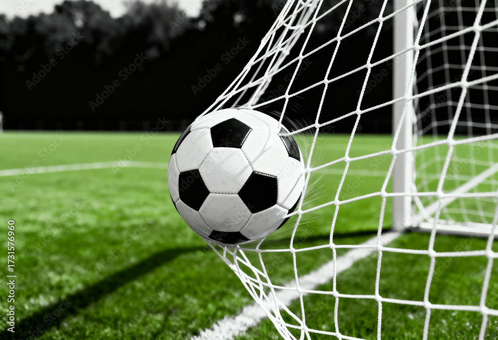 Fototapeta premium Soccer ball goal net grass field.