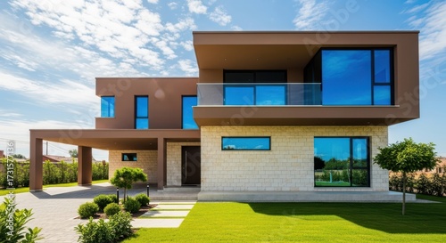 Modern two story residence with contemporary architecture and large blue tinted windows