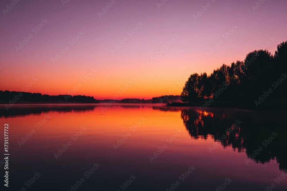 Obraz premium Sunset over Serene Waters: A breathtaking view of the sunset paints the sky with vibrant hues, mirrored perfectly in the still water below. The tranquil scene evokes feelings of peace and wonder.