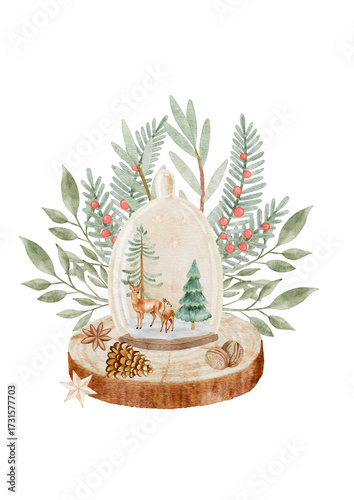 Ready-made digital watercolor composition of a miniature cabin and forest scene inside a glass terrarium/dome, perfect for novelty holiday gifts and card designs.
