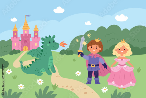 Princess with castle. Prince saves pretty girl from cute dragon, fairy tale medieval characters, magic kingdom landscape, fantasy children, cartoon flat isolated garish vector concept