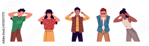 People covering ears. Men and women escaping from noise, unwillingness to listen, unhappy suffering stressed characters, plugging with fingers, loud sound nowaday vector cartoon flat set