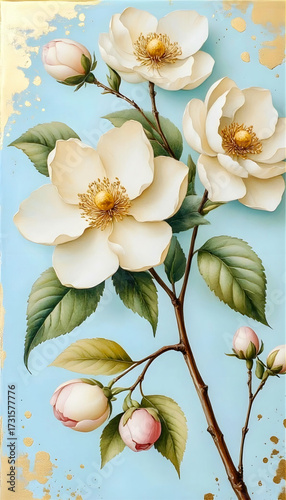 Artistic illustration of delicate white flowers with yellow centers on a branch. Vibrant green leaves accompany the blooms against a sky-blue background with gold accents. The composition includes bot