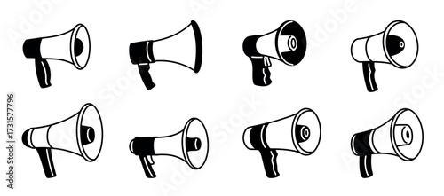 Megaphones icons. Silhouette loudspeakers, devices for loud sound, advertising distribution gadgets sign, acoustic marketing, business logotype or emblems design isolated garish vector set