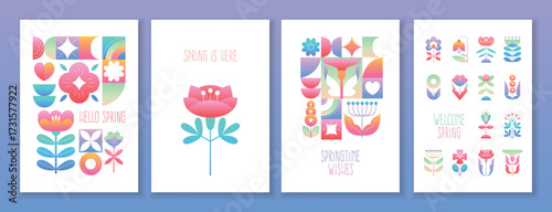Geometric flower cards. Botanic graphic elements, static decorative style, simple flat design, spring season blossom plants, summer minimal scandinavian invitation posters tidy vector set
