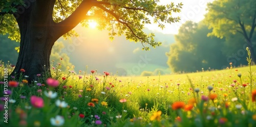 Sunlight dapples through delicate branches arching over a vibrant wildflower meadow, creating a picturesque pastoral scene Perfect for nature, spring, and tranquility themes , light, calm