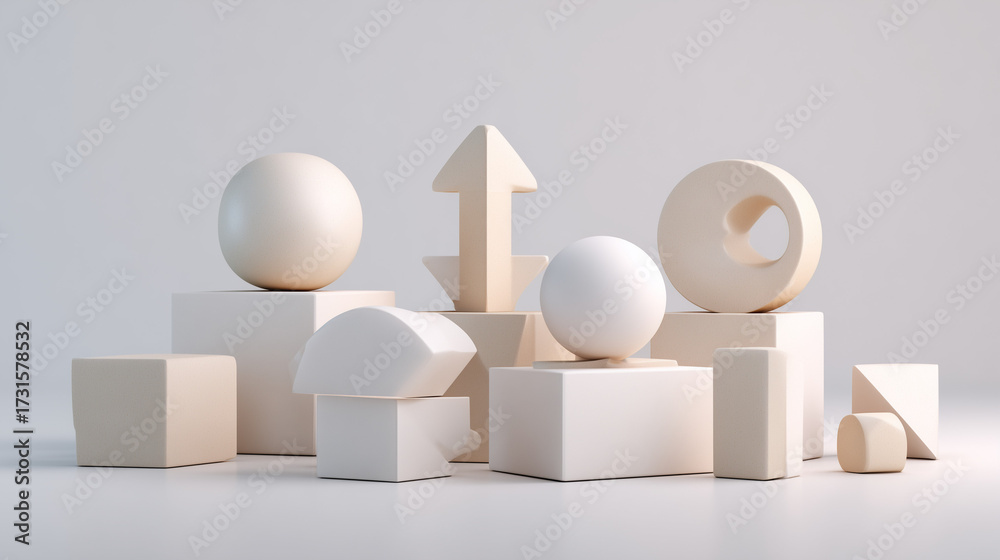 Obraz premium Minimalist tech-inspired abstract shapes on a white background, symbolizing modernity and innovation.