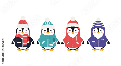 Four adorable cartoon penguins wearing winter clothes and hats.