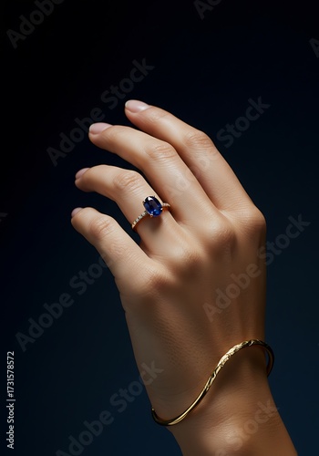 Elegant hand displays sapphire ring and gold bracelet on a dark background © Ndrudus