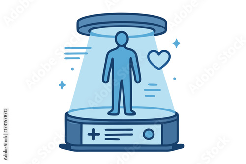 A stylized illustration of a person inside a futuristic chamber