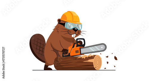 A hard hat wearing beaver uses a chainsaw to cut a log.