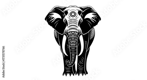 An intricate black and white illustration of a majestic elephant featuring detailed tribal patterns and ornate headdress.