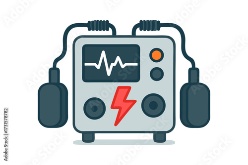 Cartoon Defibrillator with EKG Display and Red Lightning Bolt Symbol