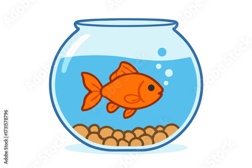 Cartoon Goldfish Swimming in a Round Glass Fishbowl with Bubbles