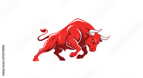 A powerful red bull charging forward with determination and strength on a white background.