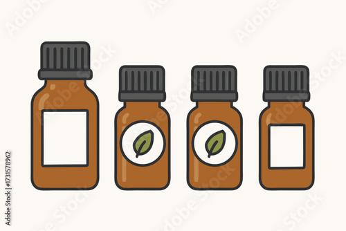 Four Brown Bottles with Leaf Emblems and Blank Labels Simple Design