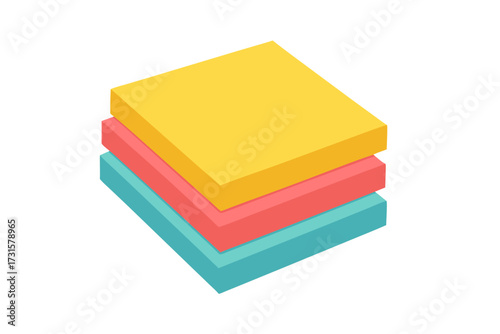 Isometric Stack of Colorful Rectangular Shapes in Yellow Red and Teal