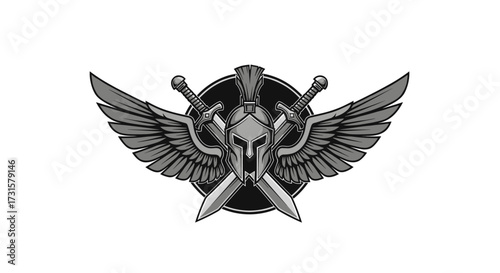 An emblem of ancient warriors featuring a helmet with crossed swords and wings in a circular design.