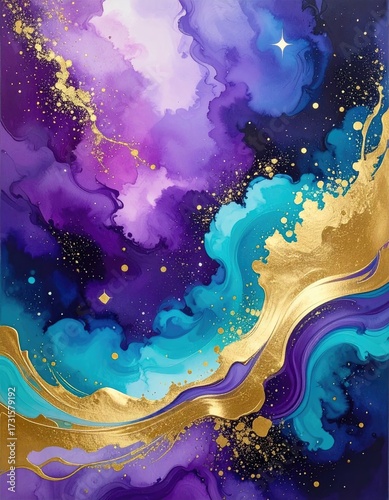 Swirling purple, blue hues with gold accents, stellar dust