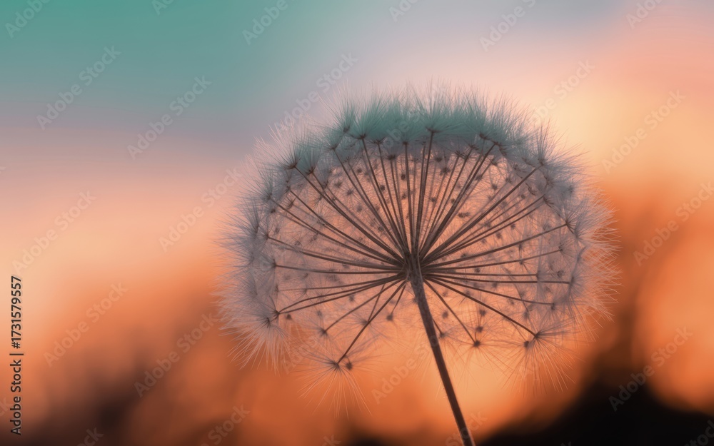 Fototapeta premium Delicate dandelion seed head backlit by soft orange and teal sunset sky