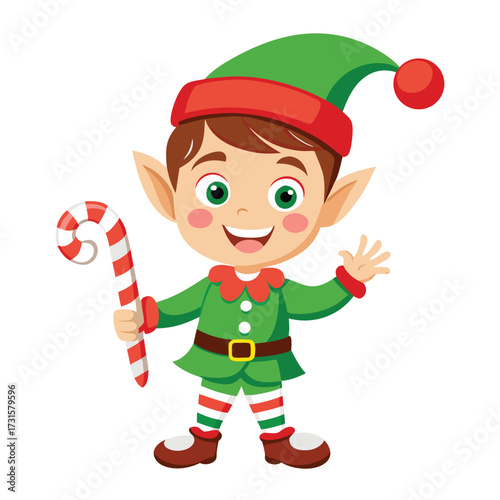 Christmas elf with tree and gifts cartoon illustration