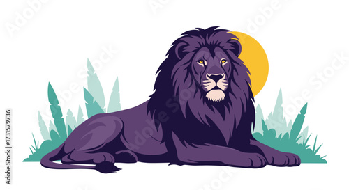 A regal dark purple lion rests majestically in a grassy savanna with a large yellow sun behind.