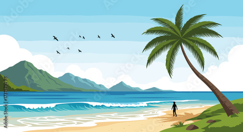 A solitary figure contemplates the vast ocean horizon from a tropical sandy beach.