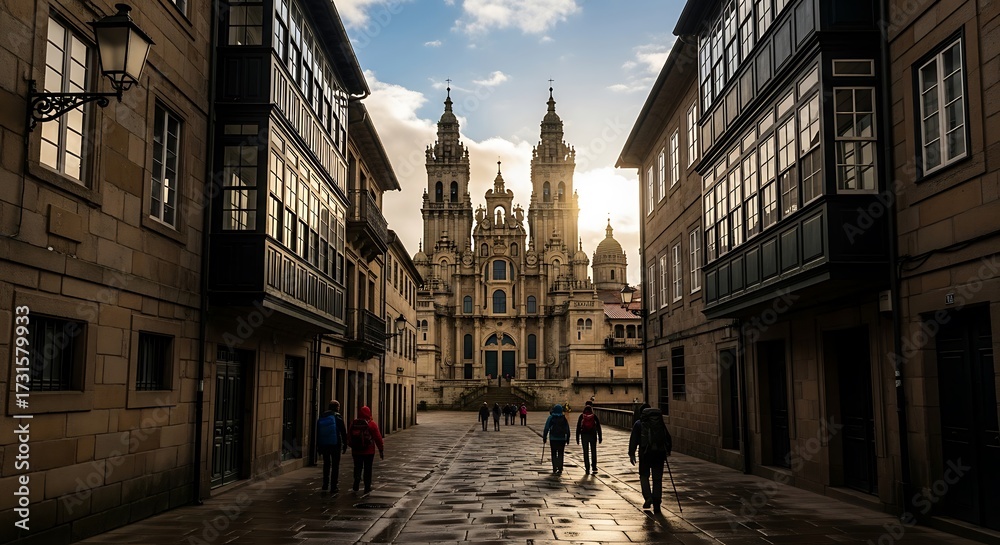 Fototapeta premium Pilgrims journey towards Santiago de Compostela Cathedral on wet stone path