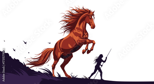 A majestic wild horse rears up powerfully before a lone figure on a windswept plain.