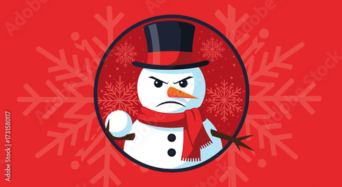 An angry snowman with a snowball and a festive scarf prepares to throw it on a bright red background with snowflakes.