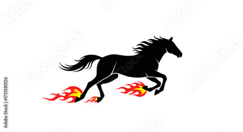 A majestic black horse with a flowing mane gallops with fiery hooves leaving trails of vibrant flames against a pure white background.