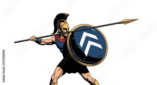 A fierce warrior in ancient armor prepares to throw a spear while holding a shield.