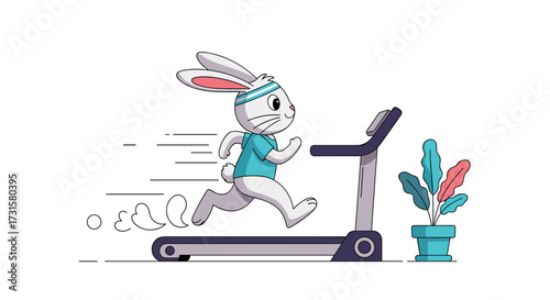 An energetic bunny with a headband running on a treadmill for exercise.