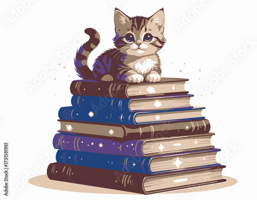 Adorable tabby kitten perched atop a stack of colorful, illustrated books, gazing attentively.