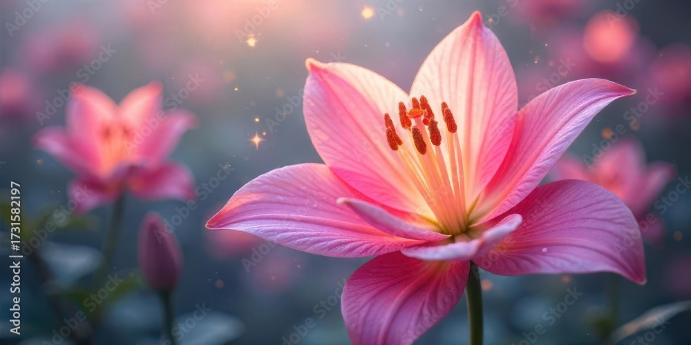 Fototapeta premium A Delicate Pink Lily in Soft Sunlight, Glimmering with Magical Dust, Surrounded by a Field of Blossoms