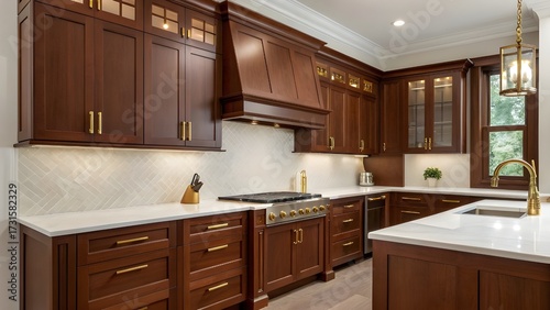 Elegant Mahogany Kitchen With Classic Cabinetry, Gleaming Quartz Counters, And Refined Brass Fixtures. Timeless Cooking Space Showcasing Warmth, Luxury, And Lasting Sophistication