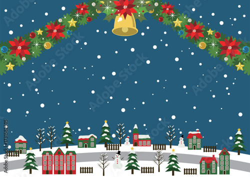 クリスマス背景、街道のある街並み、イラスト、青、横、かわいい