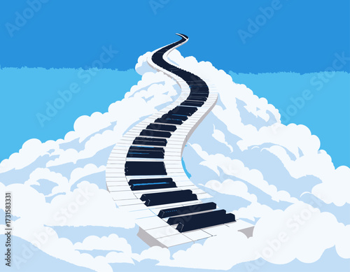 A whimsical depiction of a piano keyboard forming a stairway ascending into a bright blue sky.