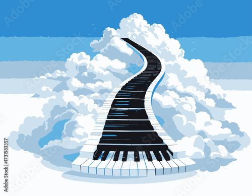 A surreal illustration of a piano keyboard transforming into a staircase ascending into the clouds.