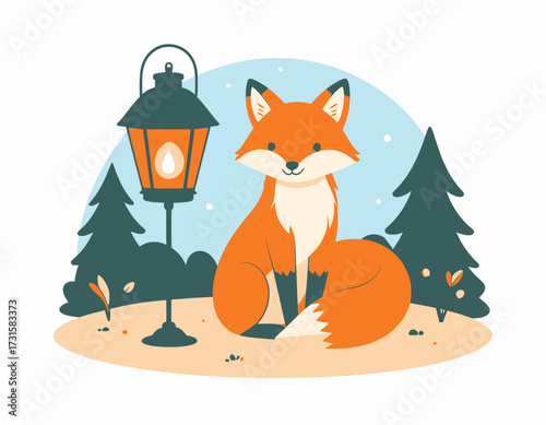 A cartoon fox sits beside a lit lantern in a forest clearing with evergreen trees and a light blue sky.
