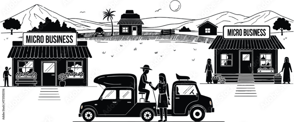 Obraz premium Vector art of vector illustration of micro business in rural area black and white silhouette of small business