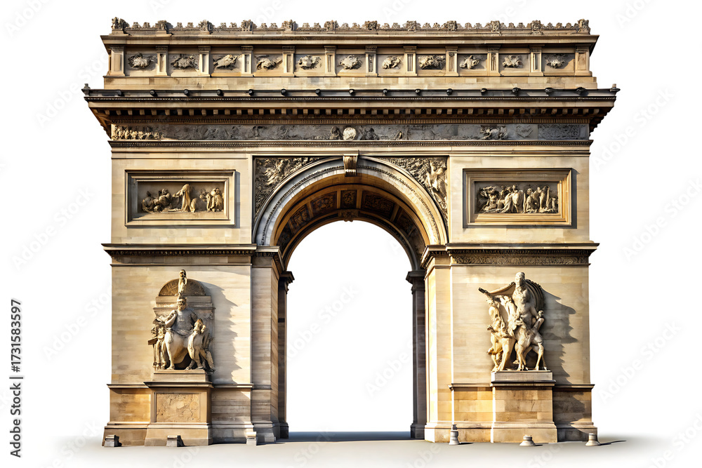Fototapeta premium Arc de Triomphe monument in Paris on a cutout png white background isolated on a transparent background