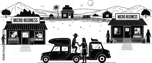 Vector art of vector illustration of micro business in rural area black and white silhouette of small business