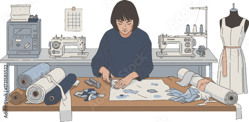 Vector art of young woman working at her desk in a sewing workshop hand drawn vector illustration