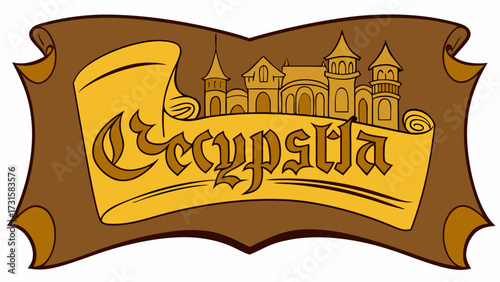 Golden medieval castle silhouette on brown scroll with gothic text parchment
