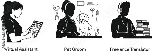 Vector art of illustrations showing the concept of freelance professions such as virtual assistant, pet groom and translator