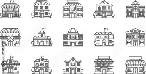 Vector art of set of various building architecture of town, city, village, and government building