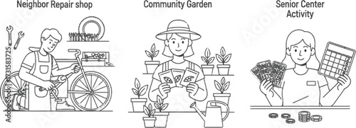 Vector art of set of community activity neighbor repair shop, community garden, and senior center activity