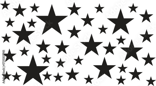 black stars, large stars, shining stars pattern on white background.