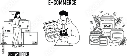 Vector art of ecommerce and dropshipping business model with a woman holding a package